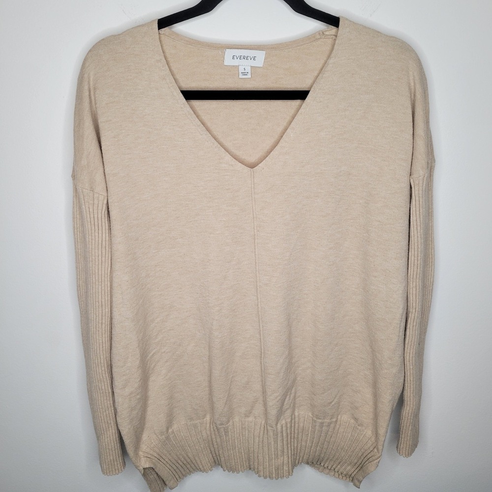 Evereve Womens Pullover Sweater Size Small Beige V Neck Ribbed Oversized Cozy